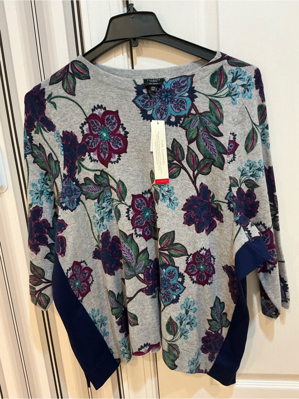 NEW WITH TAGS BEAUTIFUL TALBOTS CASHMERE FLORAL GRAY & BLUE SWEATER